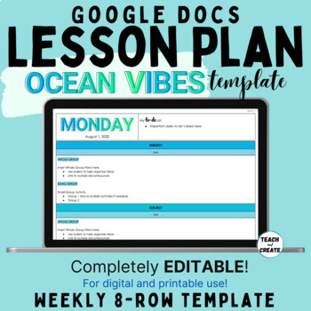 Preview of EDITABLE Weekly 8-Row Digital Lesson Plan Template - Ocean Vibes