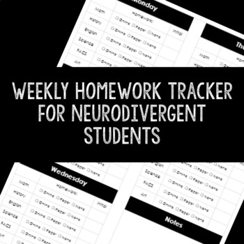 Preview of EDITABLE Weekly Homework Tracker for Student with ADHD/Executive Functioning/ASD