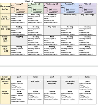 Preview of EDITABLE Weekly Lesson Plan Planning Template for Teachers Timed Schedule To-Dos