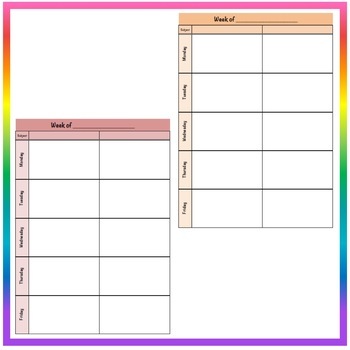 Multi-color Weekly Lesson Plan Format - Two Subject   2 Prep - Editable!