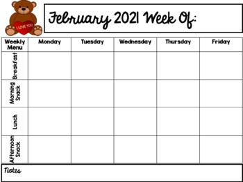 menu calendar template for preschool