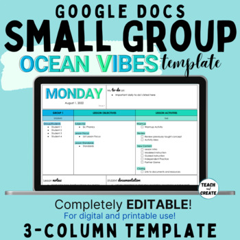 Preview of EDITABLE Weekly Small Group Digital Lesson Plan Template - Ocean Vibes