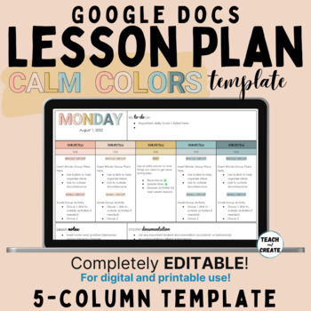 Preview of EDITABLE Weekly or Monthly 5-column Lesson Plan Template - Calm Colors