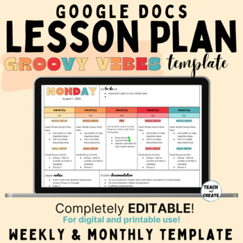 Preview of EDITABLE Weekly or Monthly 5-column Lesson Plan Template - Groovy 70's Vibes