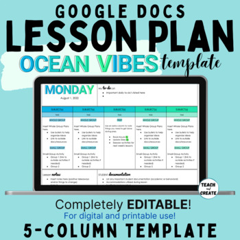 Preview of EDITABLE Weekly or Monthly 5-column Lesson Plan Template - Ocean Vibes