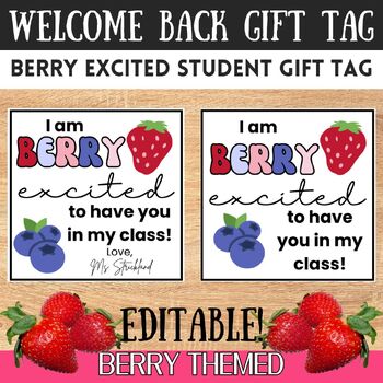 Preview of EDITABLE Welcome Back To School Gift Tag Berry Excited BOY Class Gift Tag