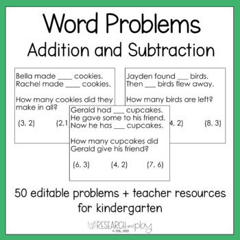 Editable Kindergarten Word Problems: Addition and Subtraction