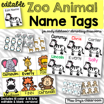 Preview of EDITABLE Zoo Animal Nametags- For Zoo Field Trips, Name Practice, Gift Tags