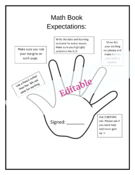 Preview of EDITABLE book expectation 5 finger rules A4 printable