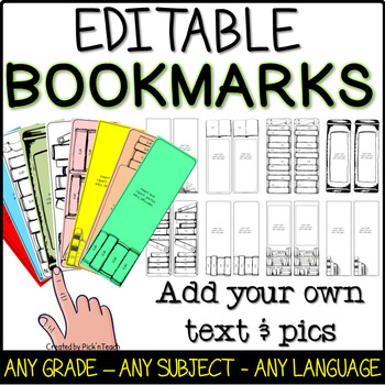 Preview of EDITABLE bookmark templates Add your text, pics... for Google Slides™ "books"
