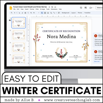 Preview of EDITABLE Winter Piano Music Recital Certificate Template PDF - End of Year