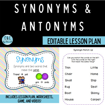 Preview of EDITABLE synonyms & antonyms Lesson Plan for Reading & Writing