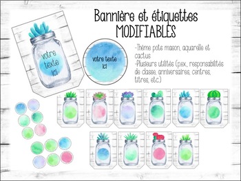 Preview of EDITABLE tags and banner-Mason jars, succulents and watercolour theme
