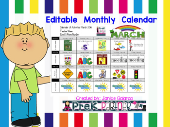 EDTABLE: Monthly Calendar by PreK Partner | Teachers Pay Teachers
