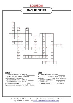 EDVARD GRIEG CROSSWORD PUZZLE ONLINE VIRTUAL by The Music Teacher Store
