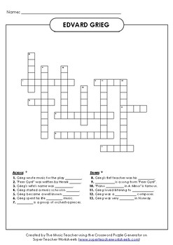 Preview of EDVARD GRIEG CROSSWORD PUZZLE ONLINE,VIRTUAL