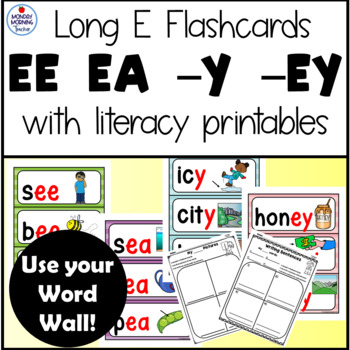 Preview of EE EA -EY -Y IE Long E Vowel Teams Flashcards Posters Printables Literacy Center