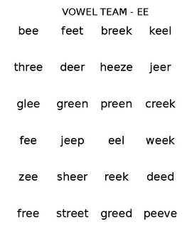 Preview of EE Vowel Team Word List
