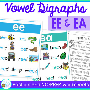 Preview of EE EA Worksheets Long E Vowel Teams - Long Vowel Worksheets - Fun Phonics Review