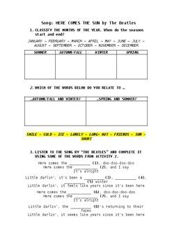 Preview of EFL - Seasons Topic - Song: Here comes the sun by The Beatles - Worksheet