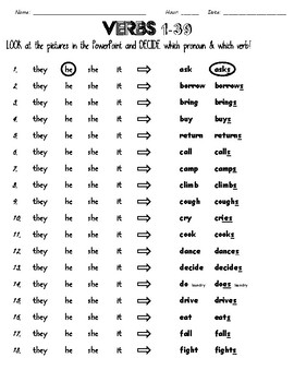 el esl level 1 verbs 1 39 powerpoint activity free worksheet by jamie elkouri