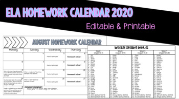 Preview of ELA 2020 Homework & Spelling Calendar