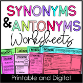 4th, 5th Grade Synonyms and Antonyms Worksheets Digital Re