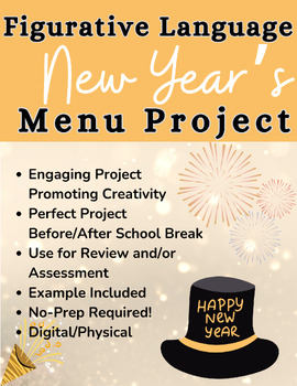 Preview of ELA 6-12 Figurative Language New Year's 2024 Menu Project, FL Assessment/Review