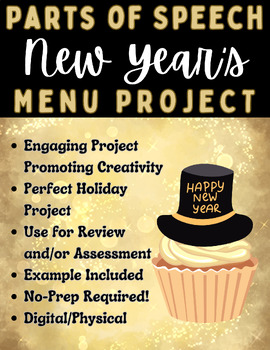 Preview of ELA 6-12 Parts of Speech New Year's 2024 Menu Project, Grammar Assessment/Review