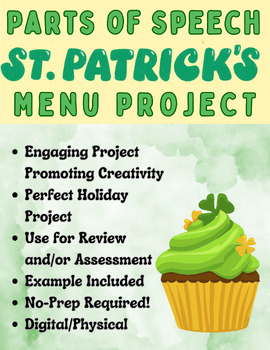 Preview of ELA 6-12 Parts of Speech St. Patrick's Day Create a Menu Project, Grammar