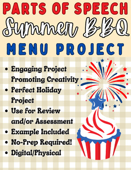 Preview of ELA 6-12 Parts of Speech Summer BBQ: Create a Menu Project, Grammar Project