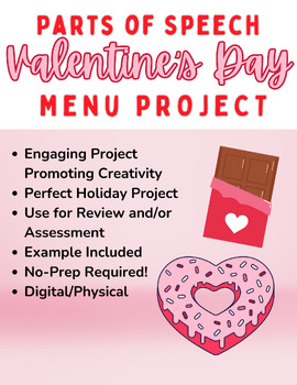 Preview of ELA 6-12 Parts of Speech Valentine's Day Menu Project, Grammar Assessment/Review