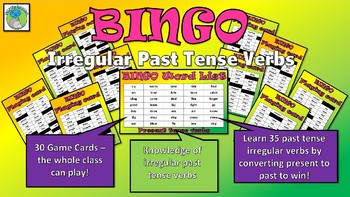 Preview of ELA BINGO for 30 players - Irregular past tense verbs/present tense challenge