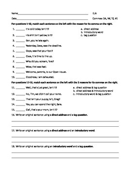 Preview of ELA COMMAS Direct Address, Introductory Words, Tag Questions WORKSHEETS x3, TEST