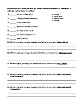 ela commas direct address introductory words tag questions worksheets x3 test