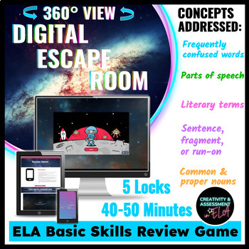 Preview of ELA Basic Skills & Literary Terms Review Digital Escape Room Team Building Game