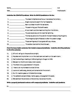 Preview of ELA PREDICATES Simple, Complete, Compound Editable Worksheets x3 & Test