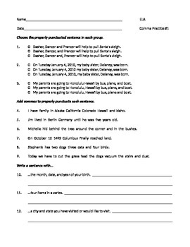 Commas In Dates And Places Worksheet