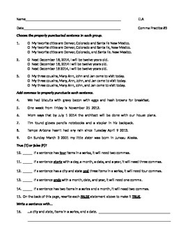 ELA COMMAS Dates, Cities, Items in a Series Worksheet #3 by Deanne Davis