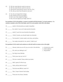 ELA COMMAS Direct Address, Introductory Words, Tag Questions Worksheet #3