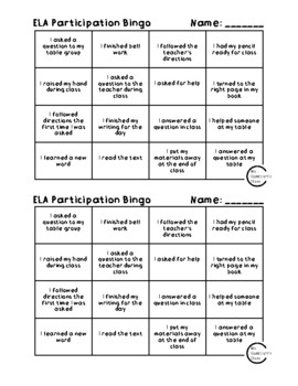 Preview of ELA Class Participation Bingo Sheets