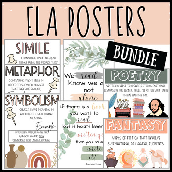 Preview of ELA Classroom Decor Posters BUNDLE: Neutral Colors, Boho, Daisy Theme
