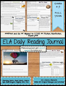Preview of ELA Daily Reading Journal Full Year Middle School