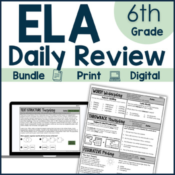 Preview of 6th Grade ELA Daily Reading Comprehension Writing Vocabulary Spiral Review