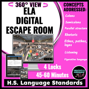 Preview of ELA Digital Escape Room 360° View | High School Language Standards | No Prep