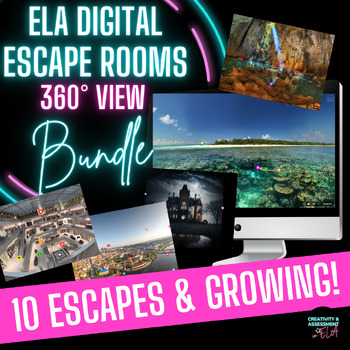 Preview of Fun ELA Digital Escape Rooms for High School with 360° View GROWING BUNDLE