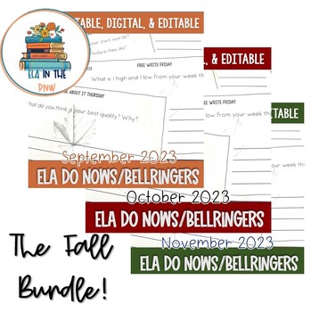 Preview of ELA Do Nows/Bellringers PRINT & DIGITAL, Fully EDITABLE The Fall Bundle!