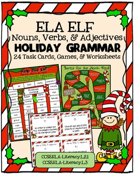 Preview of ELA ELF Holiday Grammar: Nouns, Verbs, and Adjectives! Task Cards, Games, & More