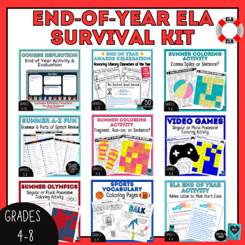 Preview of ELA End of Year Survival Kit Activities Grammar Reflection Middle School