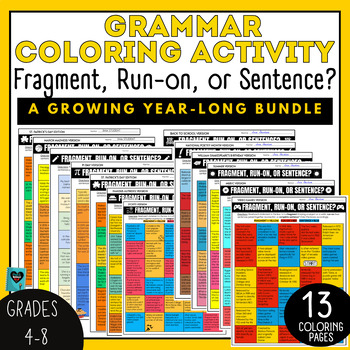Preview of Fragment Run on Grammar Activity Middle School Coloring Worksheets Bundle ELA